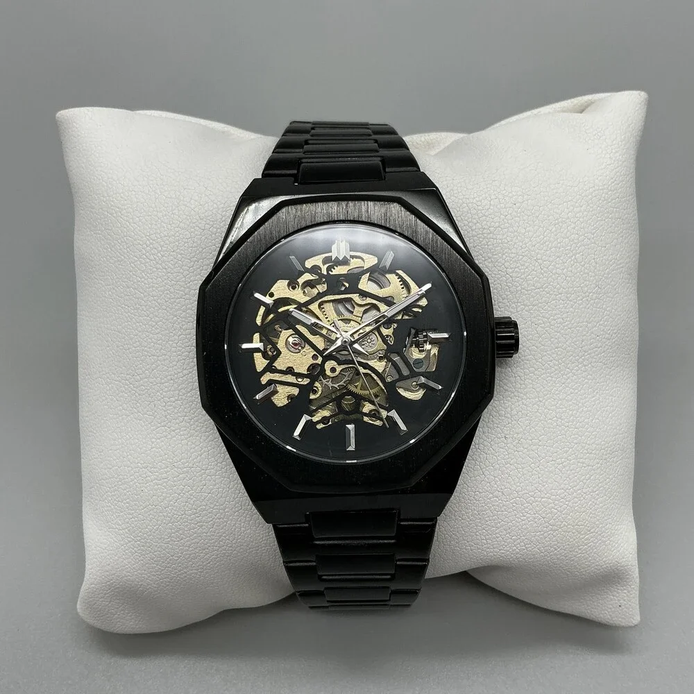 Mens Watch 41mm Black Skeleton Dial Stainless Bracelet Automatic TM-34ZG 8.25